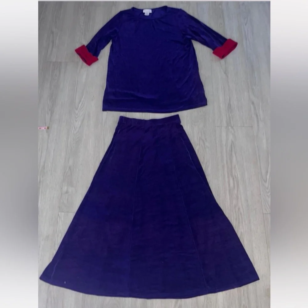 Vintage 80s purple velvet 2-piece set maxi skirt and top with red accents medium
